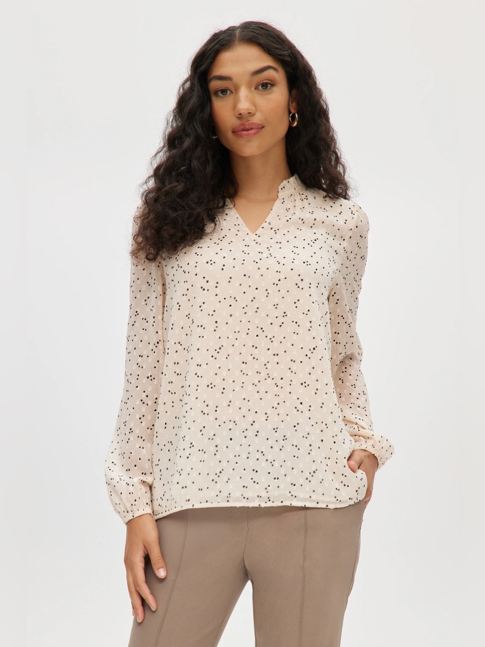 Carolina Belle | Ivory Long Sleeve Patterned Ruffled Blouse